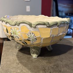 Vintage Decorative Ceramic Bowl Yellow & Green Floral 10x5" Home Décor