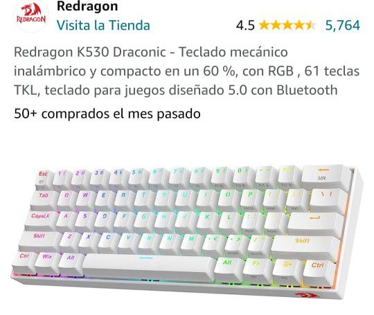 Redragon K530 Draconic - Teclado mecánico inalámbrico y compacto en un 60 %, con RGB , 61 teclas TKL, teclado para juegos diseñado 5.0 con Bluetooth