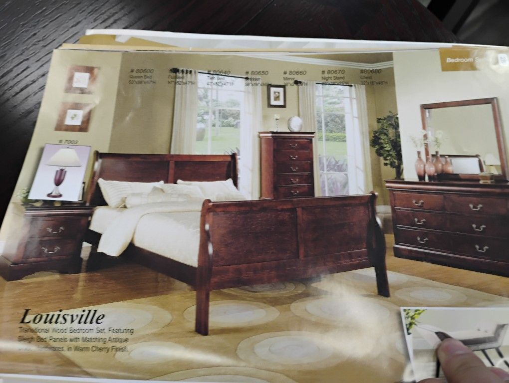 Queen Bed Dresser Mirror Nightstand Y Chest Color Cherry 5 Pc