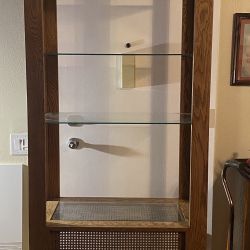 MAKE ME AN OFFER -  LIVING ROOM WOOD AND GLASS PANELS  CORNER SHELVING