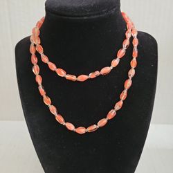 Vintage Amber Orange Glass Beaded Necklace 29" Small Bean Shape Crystal Spacers F9