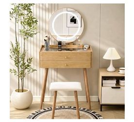 Glass Top Vanity Desk with Mirror and Lights, Small Makeup Table with Cushioned Stool, 2 Drawers Compact Vanity for Small Spaces with 6 Grid Organizer