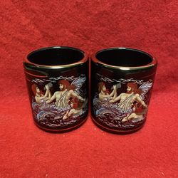 Set of 2 2.75 Inch 24k Black & Gold Handmade In Greece Imported From Greece Greek Shot Glasses