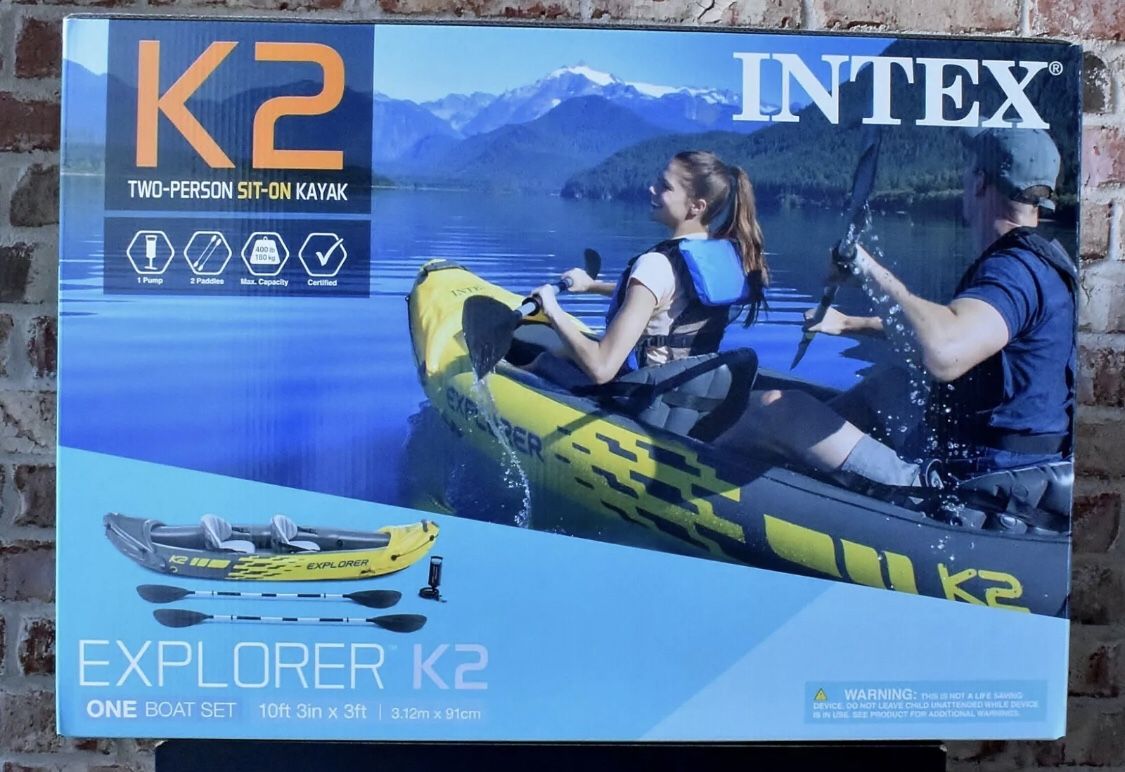 Intex Explorer K2 Kayak, 2-Person Inflatable Kayak Set with Aluminum Oars and High Output Air Pump Brand new sealed box!