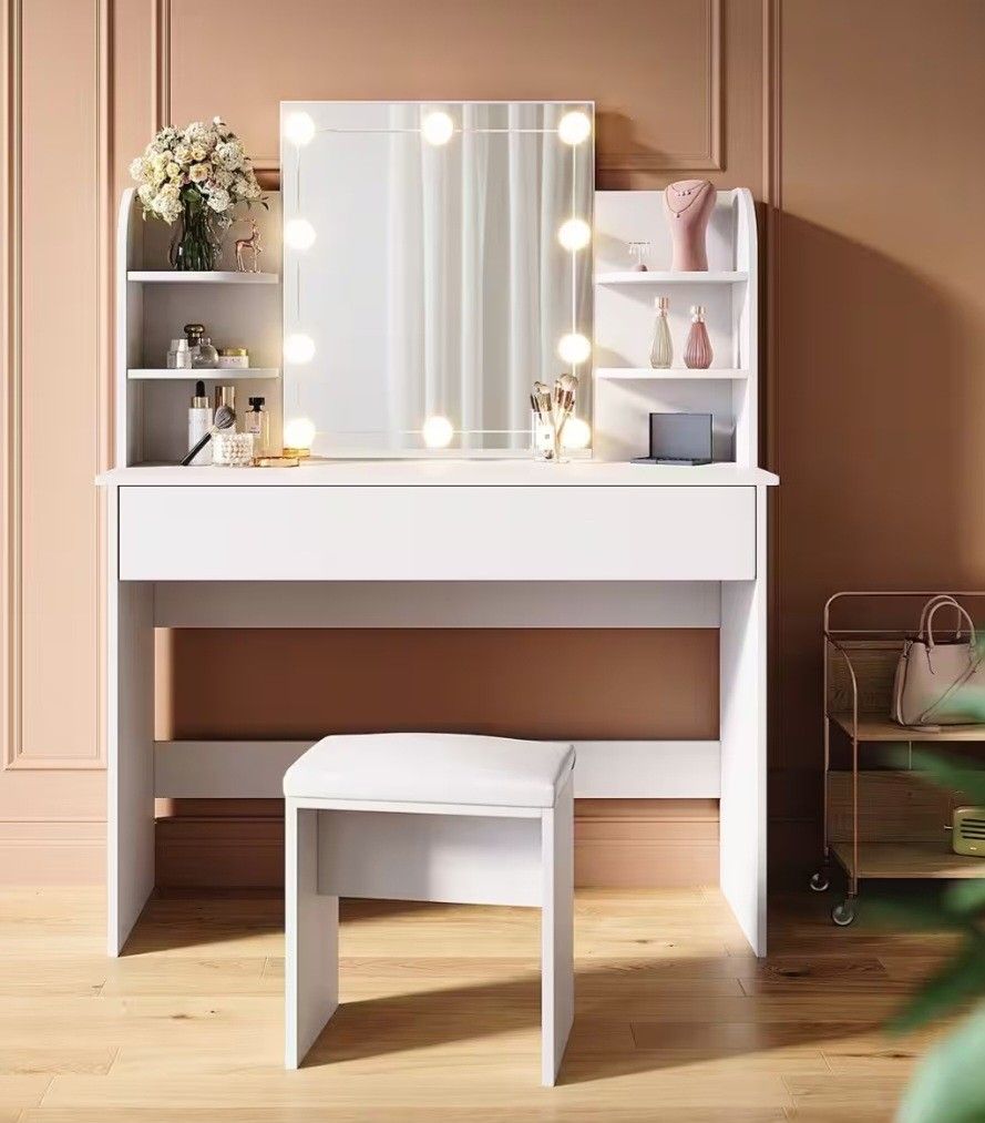 BRAND NEW
Modern Dressing table with 2 Drawers,4 open shelves Rectangular Makeup Table with Mirror,10-lamp And Seat bulb,42.52*15.75* 52.76inch
