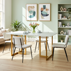 Homy Casa Slip 5PC Dining Set 55” White Marble Finish Table with Gold Base and 4 Charlton Velvet Chairs in Grey