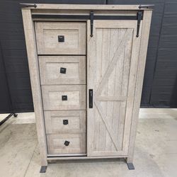 Rustic Light Brown Wood Storage Cabinet | 5 Drawers & Sliding Barn Door