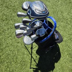 Full Golf Bag Set Cobra Driver And Irons With Cleveland Wood And Wedge And 14 Pocket Stand Bag