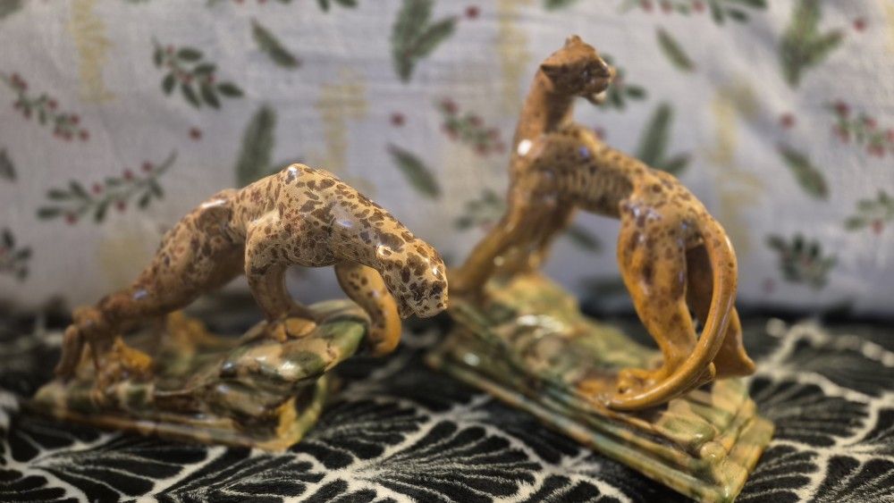 1950s Royal Haeger Mid-Century Ceramic Leopards Jaguar Cats Bookends- a Pair