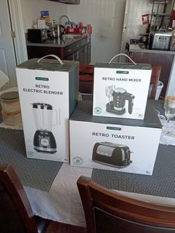 A electric retro blender, a retro hand mixer ,and 1Retro toaster