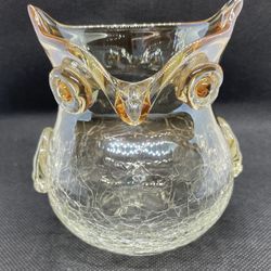 Adorable Amber/clear Crackle Glass Owl 