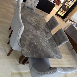 Dark Marble Dining Table & 6 Grey Tufted Chairs