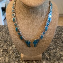 Heavy Silver Taxco turquoise inlay necklace