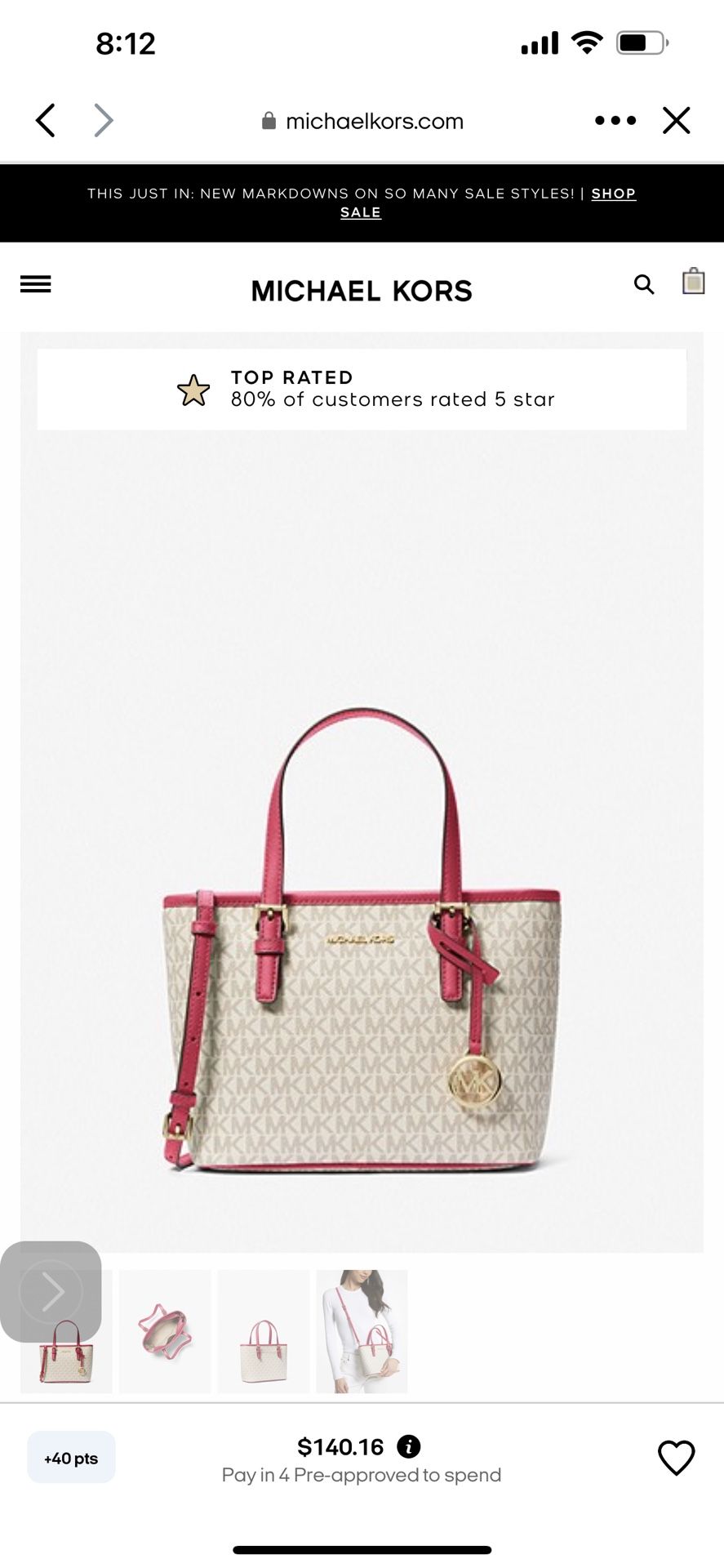 NWT MK Jet Set Travel Extra-Small Logo Top-Zip Tote Bag in carmine pink