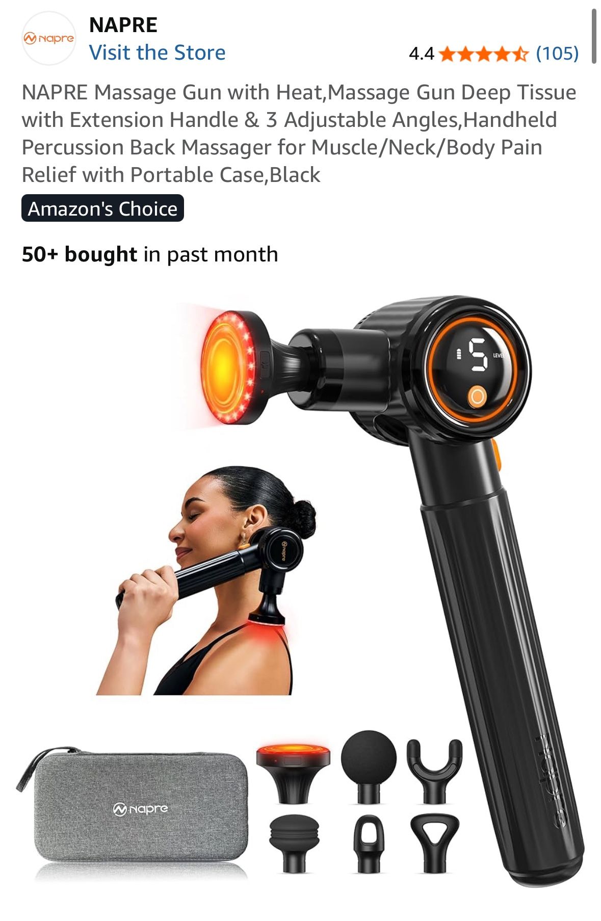 NAPRE Massage Gun with Heat,Massage Gun Deep Tissue with Extension Handle & 3 Adjustable Angles,Handheld Percussion Back Massager for Muscle/Neck/Body
