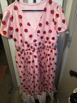 Pink Strawberry Print Puff Sleeve Wrap Dress, Ruffle Hem, Cottagecore