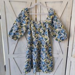 Blue Floral Puff Sleeve Mini Dress