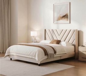 Upholstered Platform Bed with Tufted Headboard, Queen, Beige