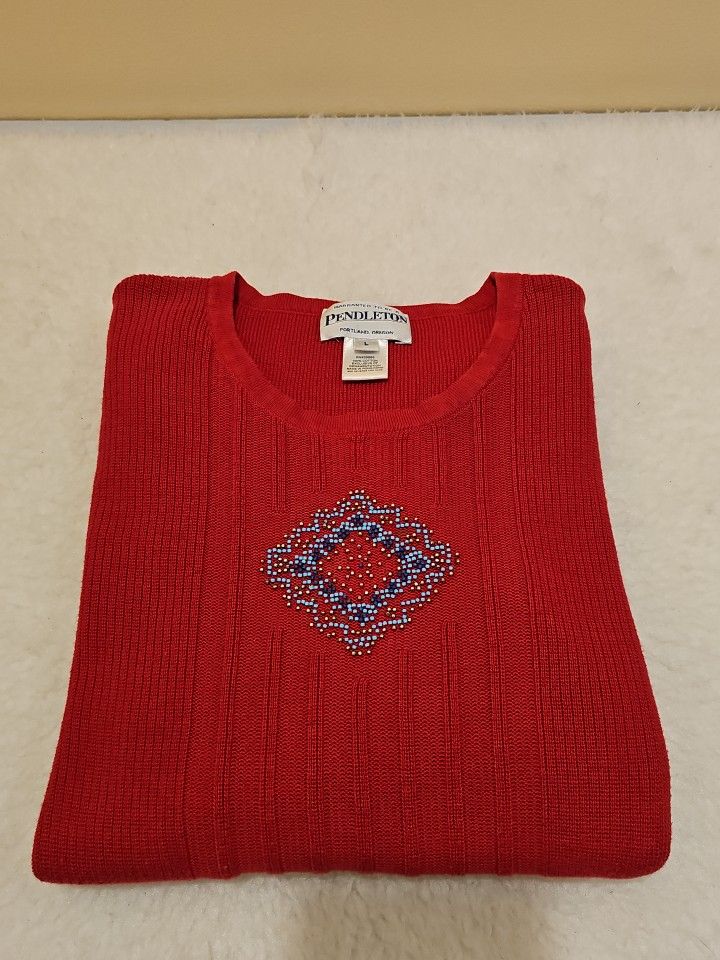 Pendelton Women's Large Red Aztec Beaded Pullover All Cotton Sweater