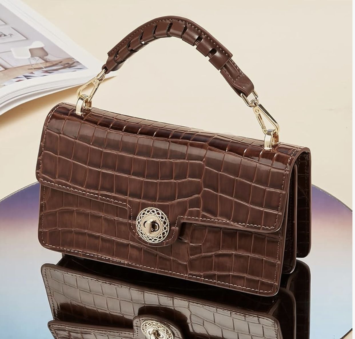 Women Foxlover Elegant Brown Crocodile Pattern & Cross Body handbag 