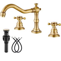 Antique Brass Widespread Double Cross Knobs Two-Handle Mixing Tap 3 Hole with Pop Up 