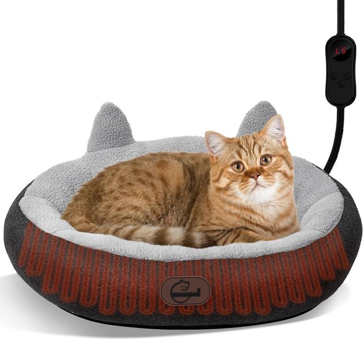 Heated Cat Bed for Small Size Cats, Heated Pet Bed with Timer & Temp Adjustable, Removable Waterproof Pet Heating Pad for Indoor Cat, Gray Cozy Donut