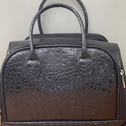 Caboodles Make-up Bag Case Faux Alligator Shiny Black Handles Zippers Pouches