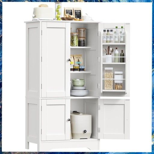 White 43" 4-Door Kitchen Storage Cabinet Pantry With Adjustable Shelves, New. Unassembled.