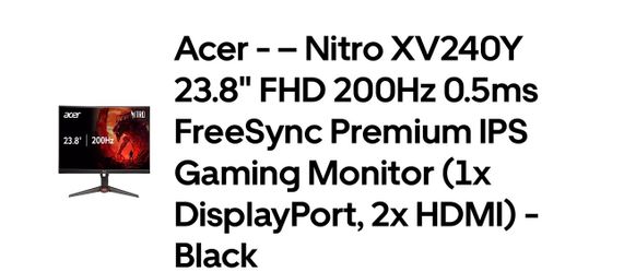 Acer - - Nitro XV240Y 23.8" FHD 200Hz 0.5ms FreeSync Premium IPS Gaming Monitor (1x DisplayPort, 2x HDMI) - Black