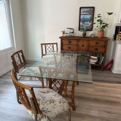 Glass Dining Table with 3 Bamboo Chairs