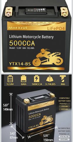 MotXrid LiFePO4 Lithium Motorcycle Battery YTX14-BS 500CCA 1 battery