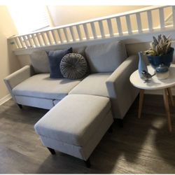 Linen Sectional Sofa / Couch with ottoman/ gray/ Fabric & Wood