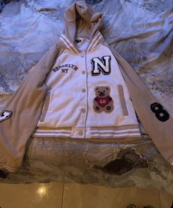 XL Y2K Teddy Bear Varsity Jacket Hooded Bomber Brooklyn NY Athletic Streetwear