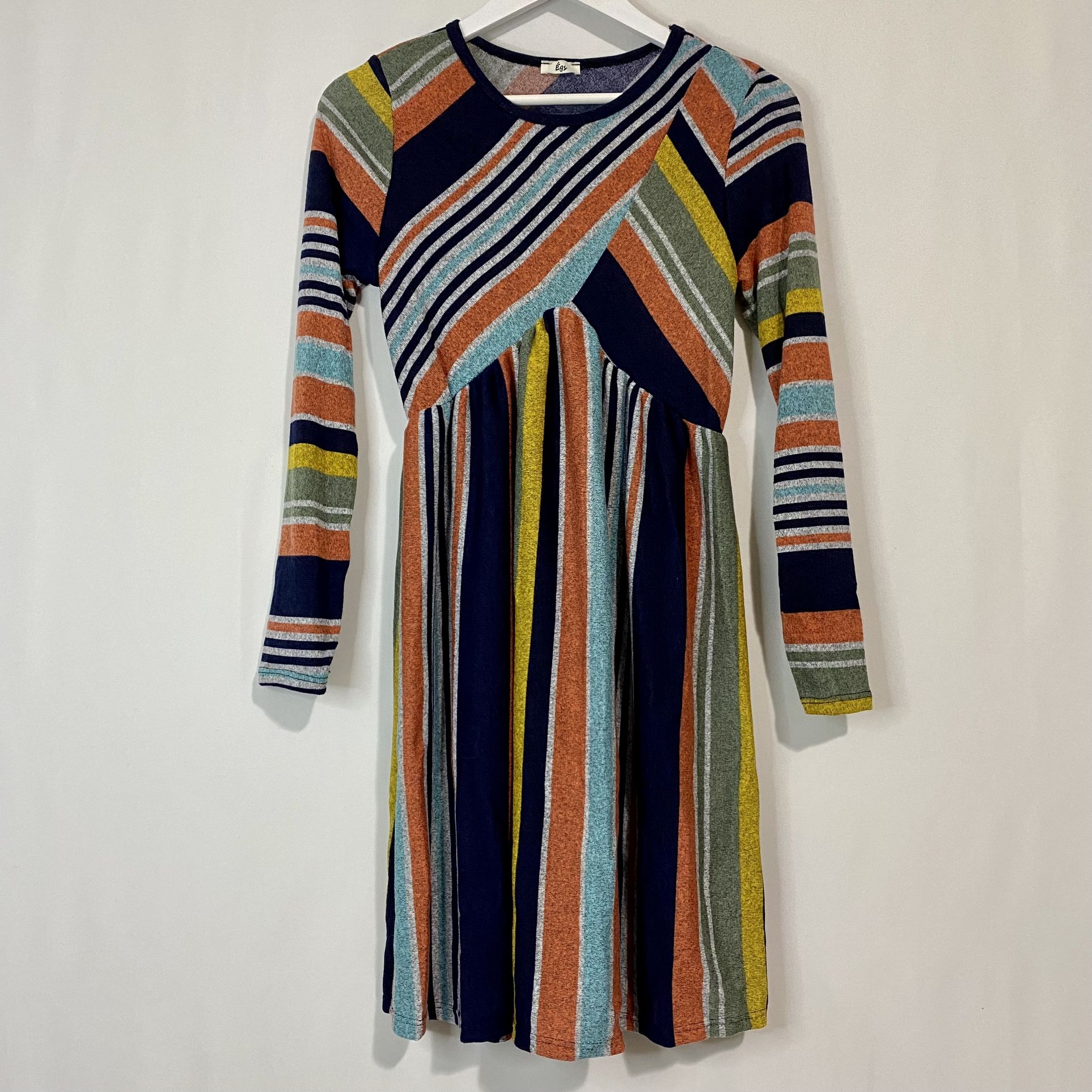 Egs Women’s Long Sleeve Knit Crewneck Midi Dress Mustard & Navy Stripe Size Sm