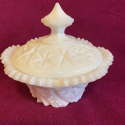 Vintage Highly Detailed Press Cut Milk Glass Covered Dish 