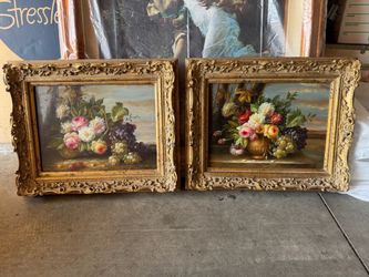 Pair of Floral Still Life Oil Paintings in Gold Frames