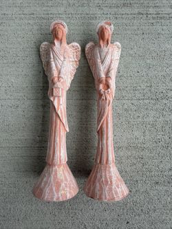 Vintage Set of 2 Angel Figurine Candle Holders Pink Distressed Glitter Ceramic Resin Decor