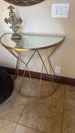 Gold Metal Geometric Console Table with Glass Top