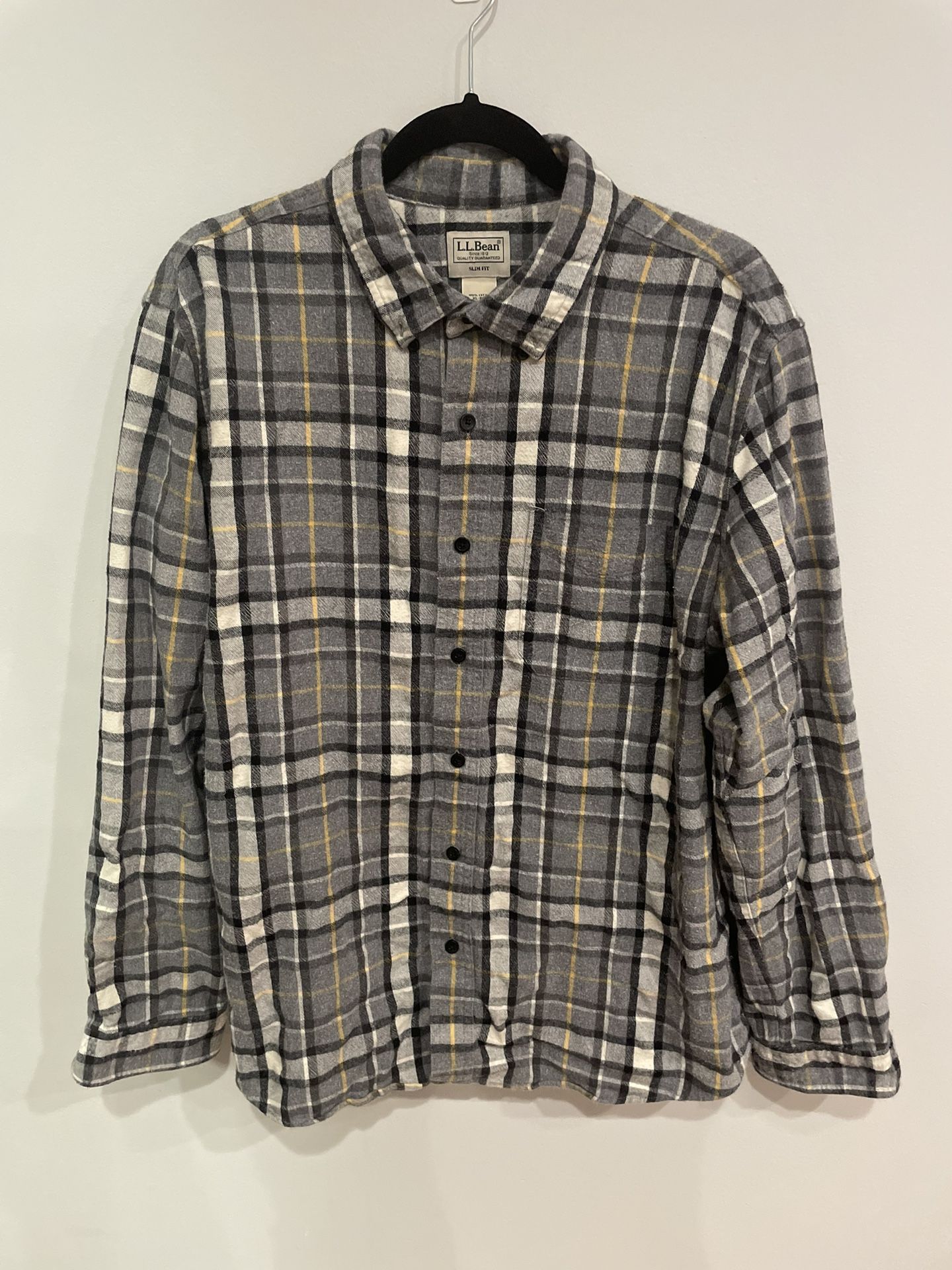LL BEAN Mens Plaid Slim Fit Flannel Shirt Size Extra Large #510590 Gray XL