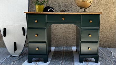 Vintage Solid Wood Desk – Deep Green + Natural Wood Top