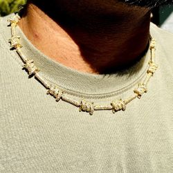 Men's 8MM Barbed Wire Link Chain 18 Inches Necklace, 14K Gold 5X Layered Cuban Chain, Bling Necklace, CZ Diamond Choker, ICY Necklace 