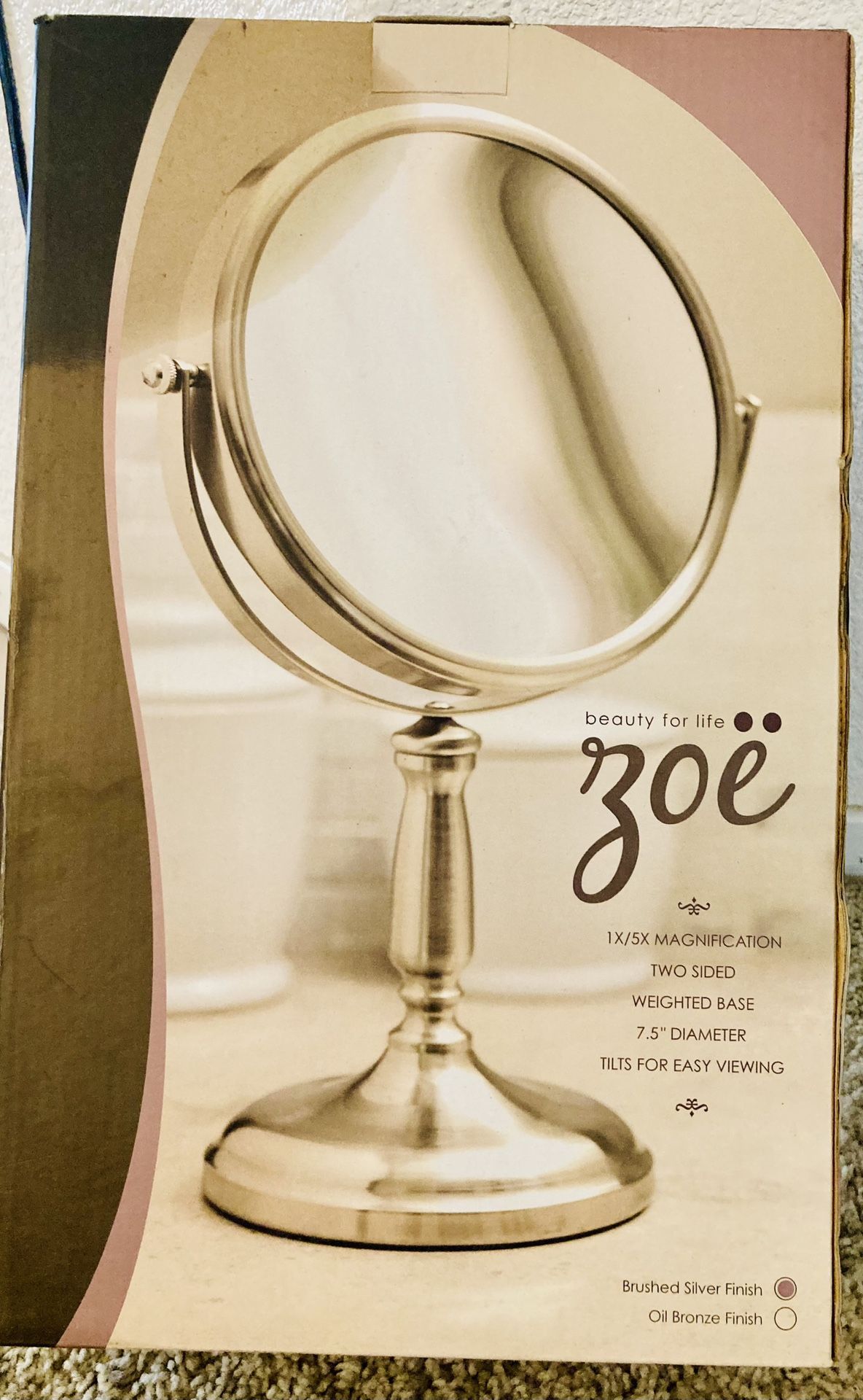 3 AVAILABLE MIRRORS Zoë Beauty For Life 7.5” diameter Silver finish Two-sided regular/magnification mirror (see description for price options)