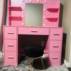 Pink Vanity Set with Lights + Mirror + Stool – Must Go ASAP