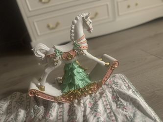 Pink Pastel Rocking Horse Christmas Figurine Gold Bow