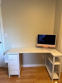 White L-Shaped Desk with Drawers & Shelves