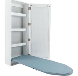 Ironing Board Cabinet Wall Mounted, Cabinet with Built-in Ironing Board, Foldable Ironing Storage Station with Mirror for Home, Apartment & Small Spac