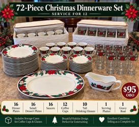 72-Piece Christmas Dinnerware Set – Service for 12 + Storage Cases