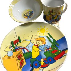Kids dish set glass not plastic Vintage 1990s Caillou Children's Plastic Plate And cup and bowl but it is glass not plastic.  T-214