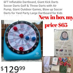 New in box 6FT Inflatable Dartboard, Giant Kick Darts Soccer Darts Golf & Throw Darts with Air Pump, Giant Outdoor Games, Blow up Soccer Darts for Yar
