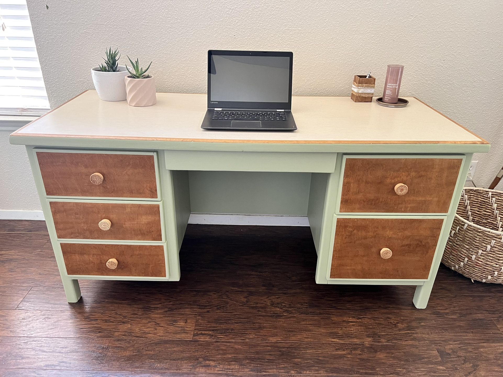 Stylish Multitone Solid Wood Desk with Hanging Folder Rack and Large Drawers